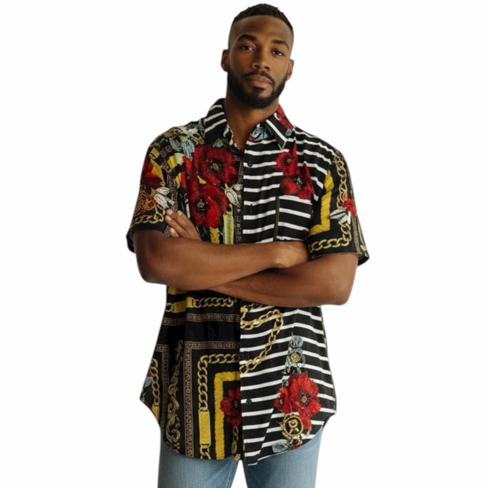 REASON Mens Button Up Shirt Large Maximalist Floral Chain Eclectic Unique Resort